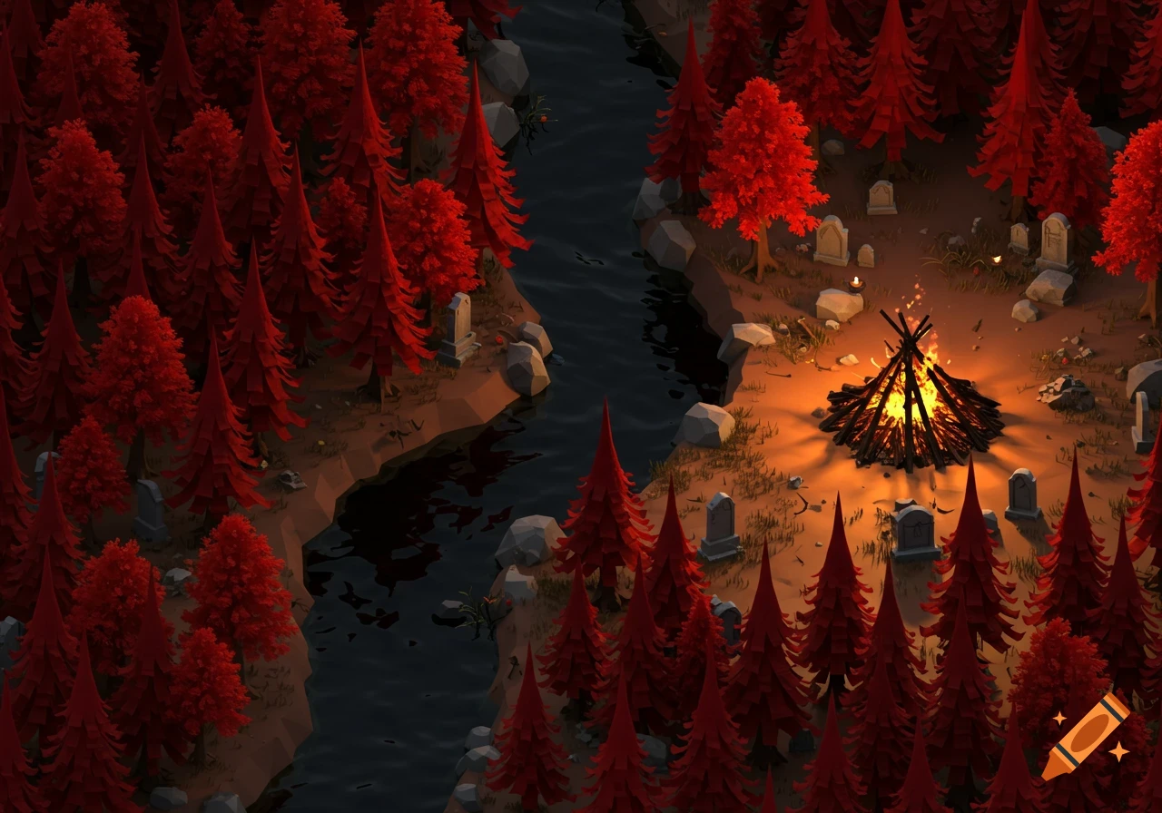 Isometric forest scene with red trees, river, bonfire, and tombstones.