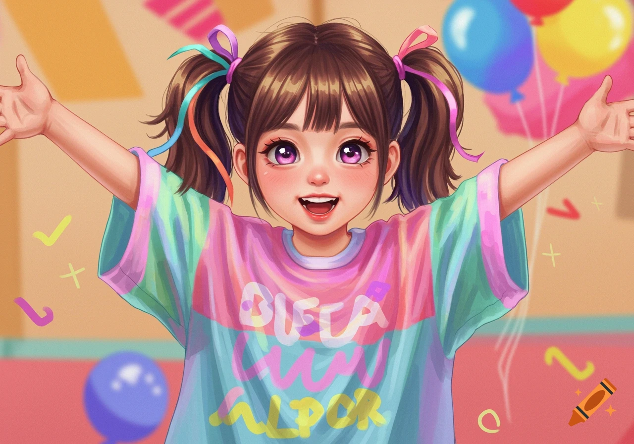 A cute anime girl with pigtails and a colorful shirt holds her arms out with balloons behind her.