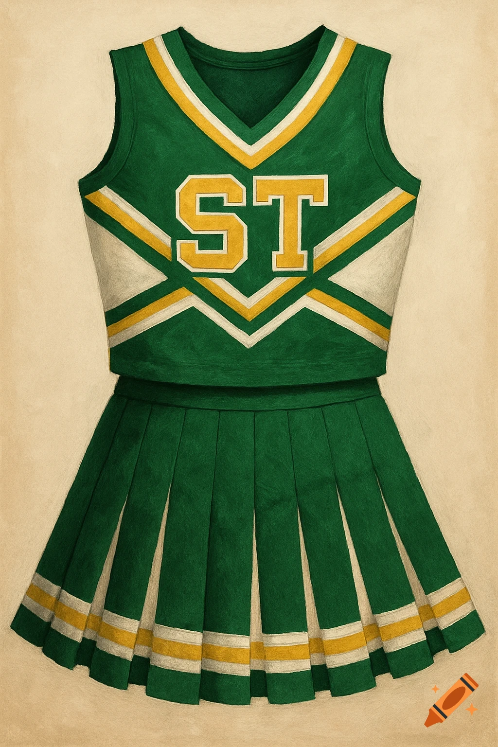 Green, white, and gold cheerleading uniform top and skirt with "ST" on the front, rendered in an illustration style.