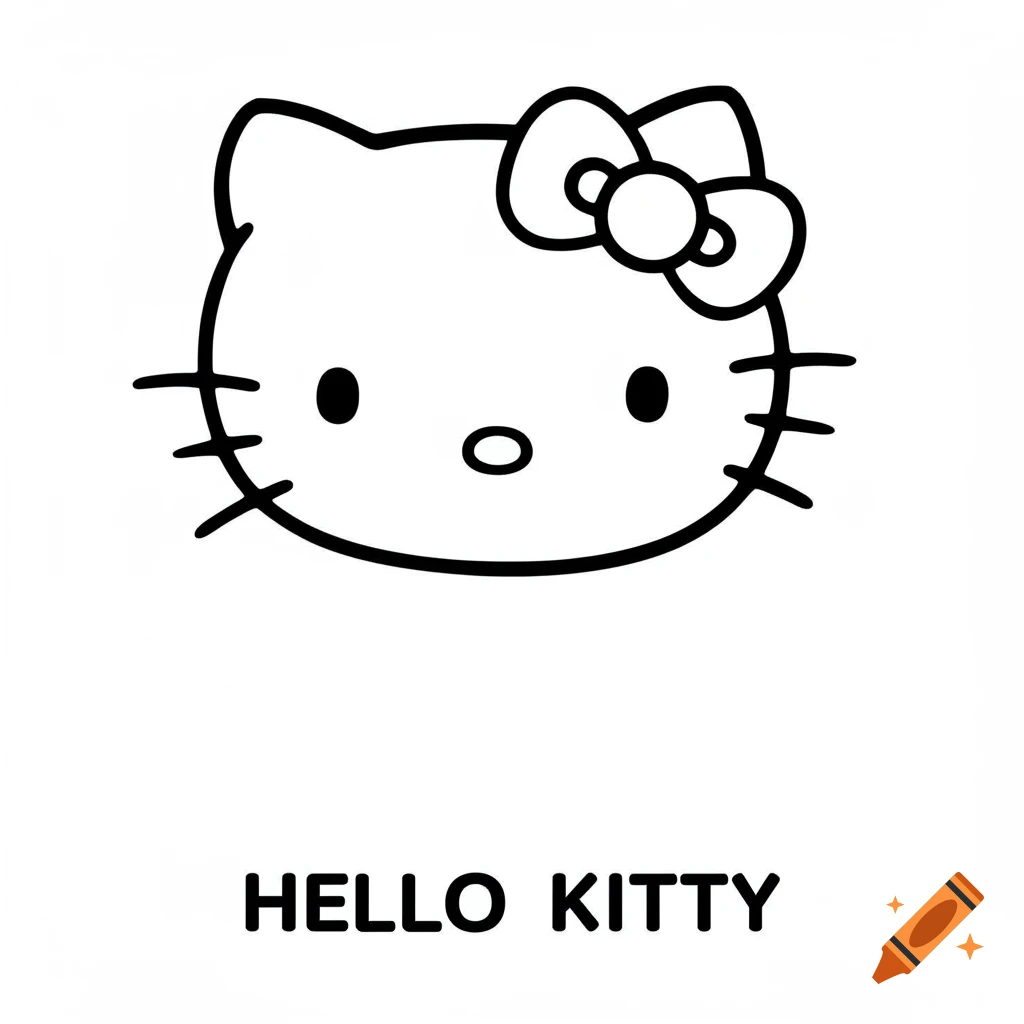 A black and white line drawing of Hello Kitty's head with a bow, labeled 'HELLO KITTY' below, styled as a coloring page.