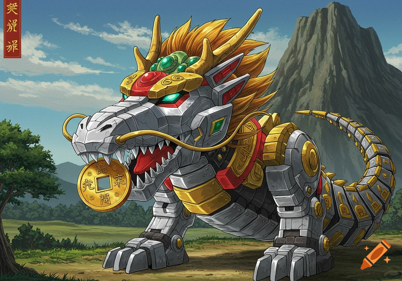 A mechanical dragon creature holds a large gold coin in its mouth in a landscape drawing.
