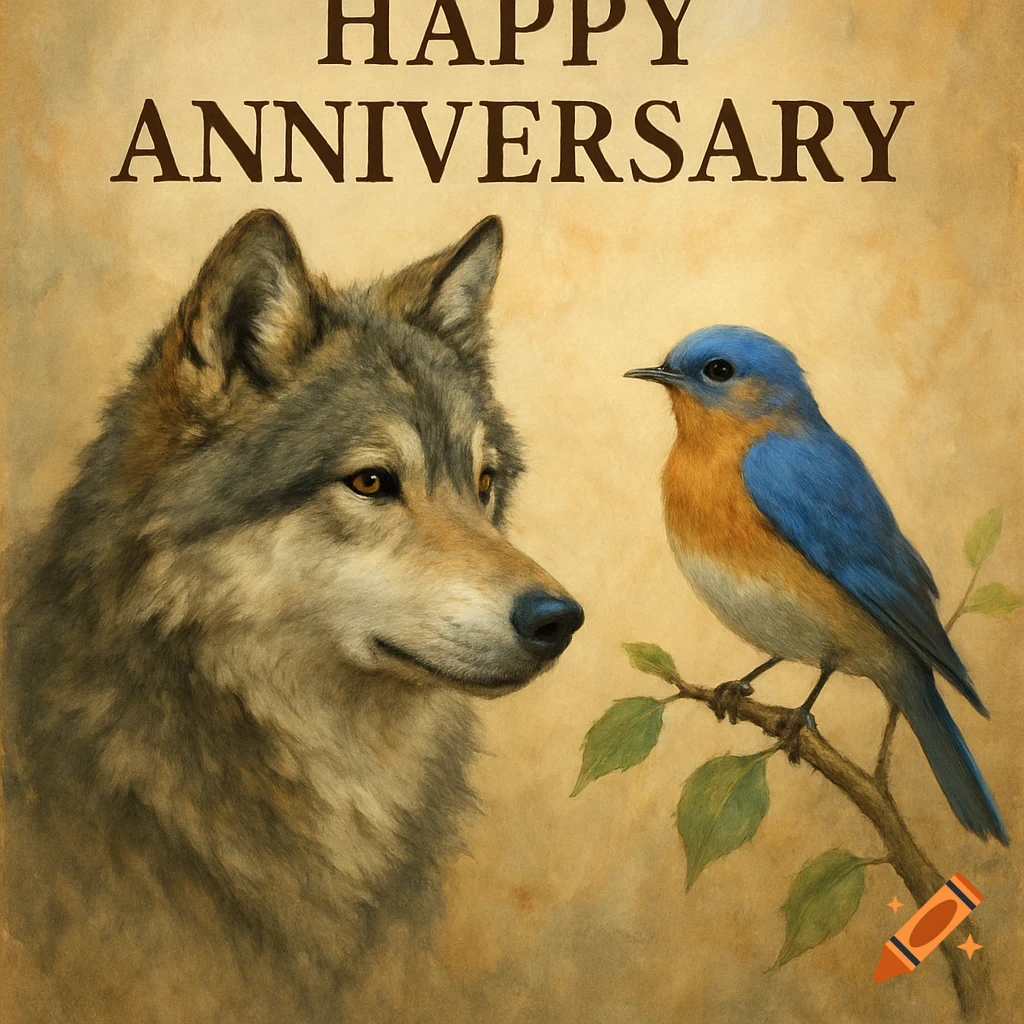 A wolf and a bluebird beneath the text 'Happy Anniversary' in a painting style.