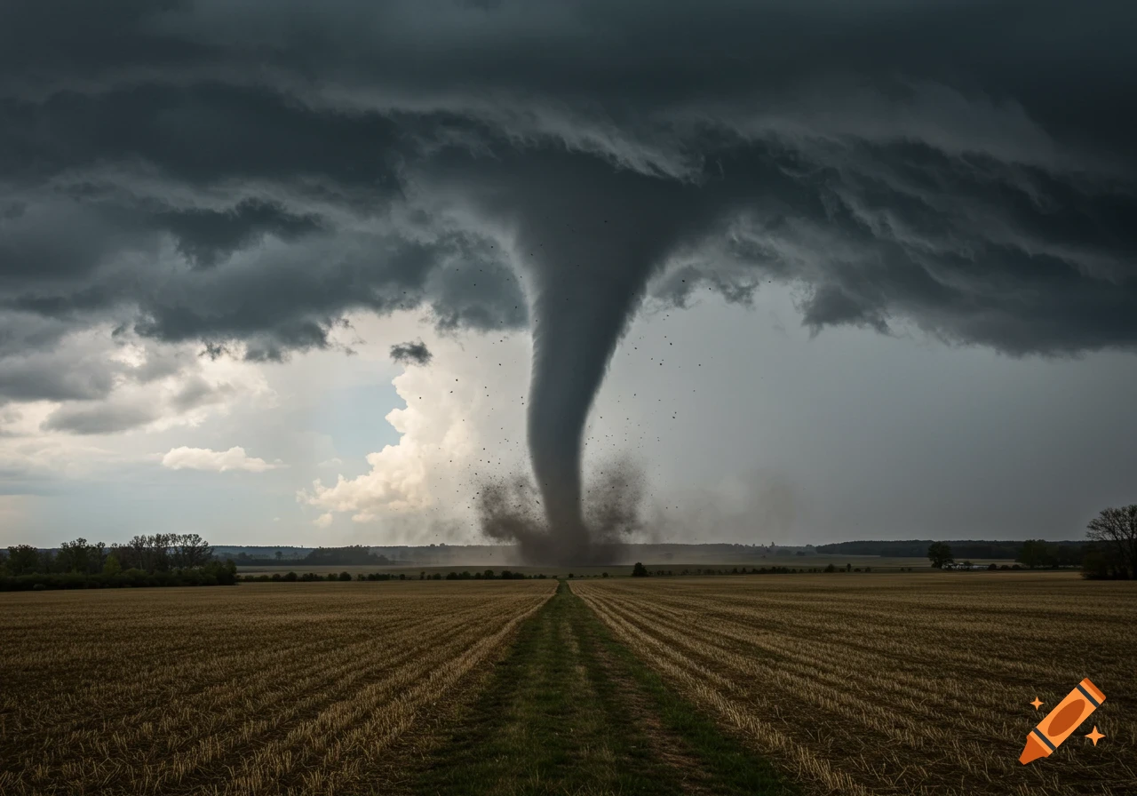 Large tornado over a field under dark, stormy clouds.