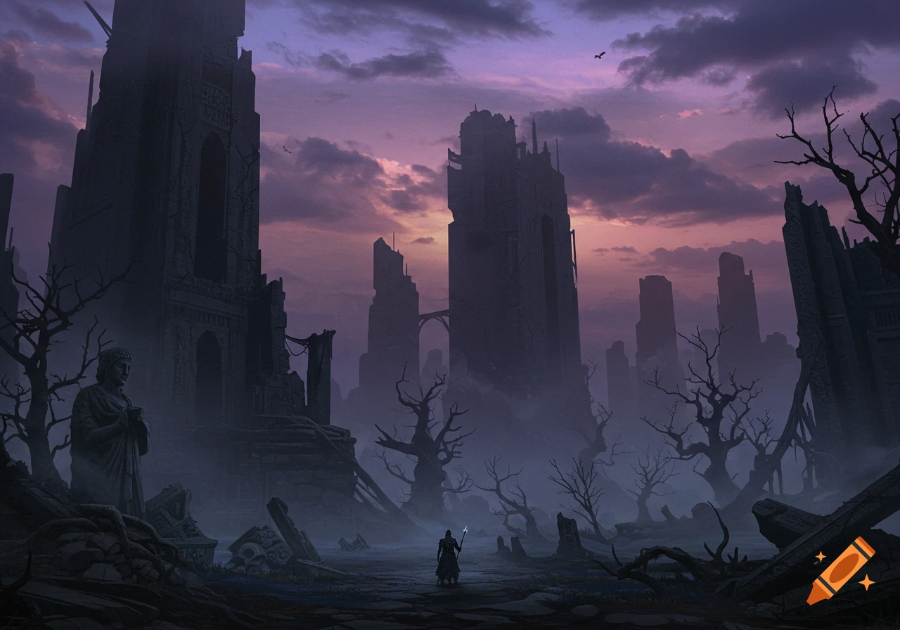 Figure standing among dark fantasy city ruins at twilight.
