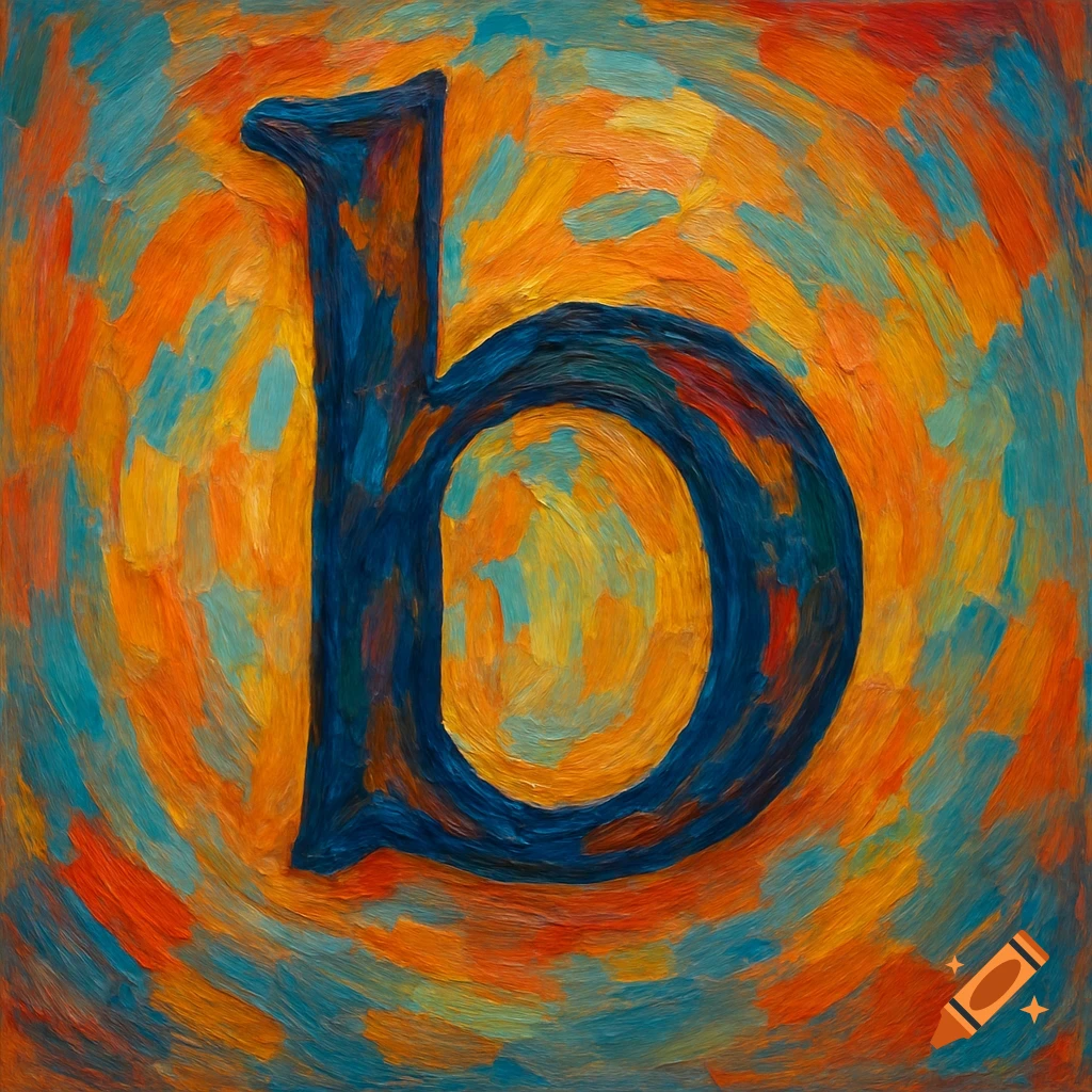 Painting of a bold blue letter 'b' with expressive orange, yellow, and teal brushstrokes.