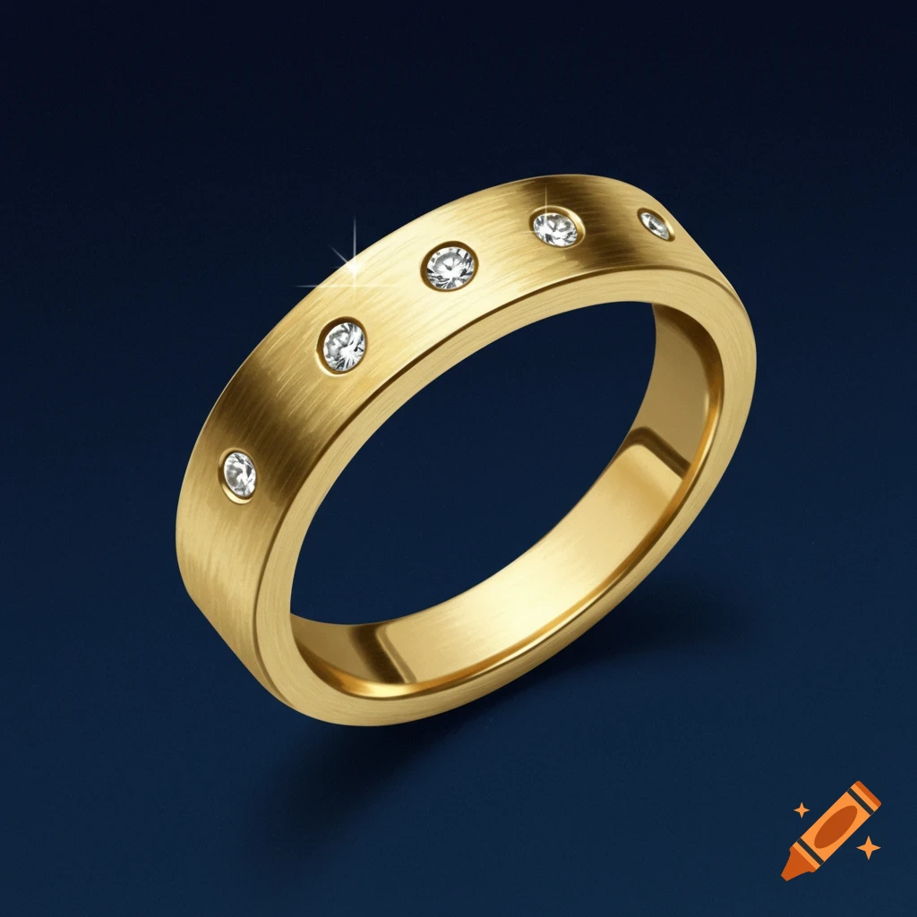A gold band ring with diamonds on a dark blue background.