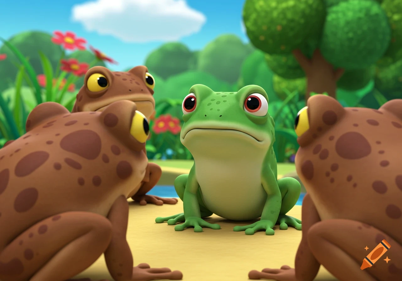 Four cartoon frogs, one green and upset, surrounded by three brown frogs, by a pond.