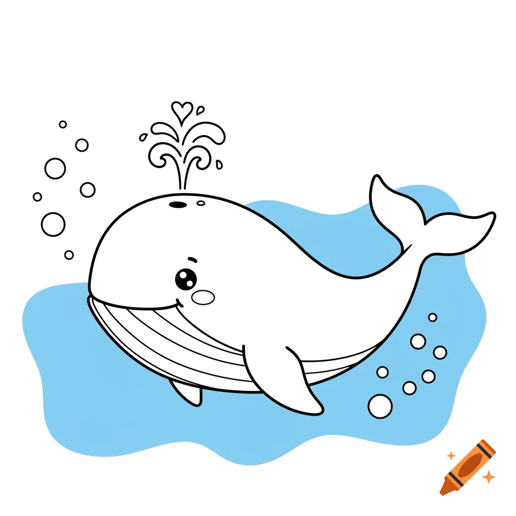 Cartoon whale spouting water, black and white line art