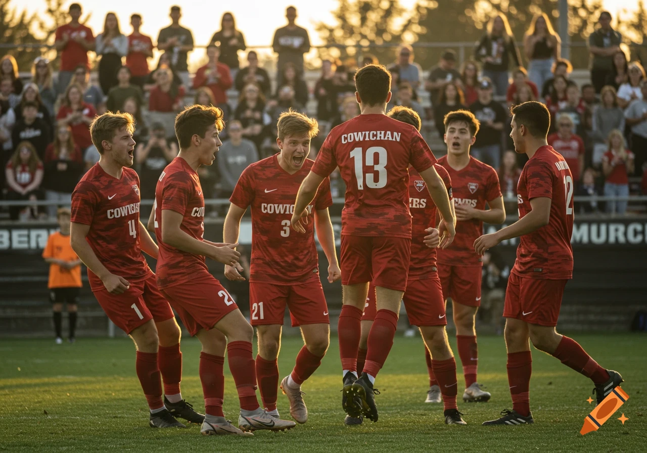 A group of male soccer players in red jerseys celebrating on a field during a game.