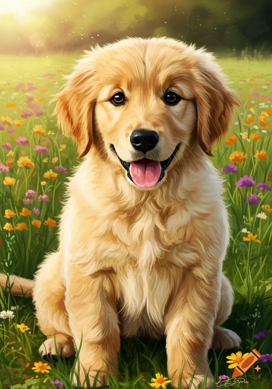A golden retriever puppy sits happily in a sunny field of colorful ...