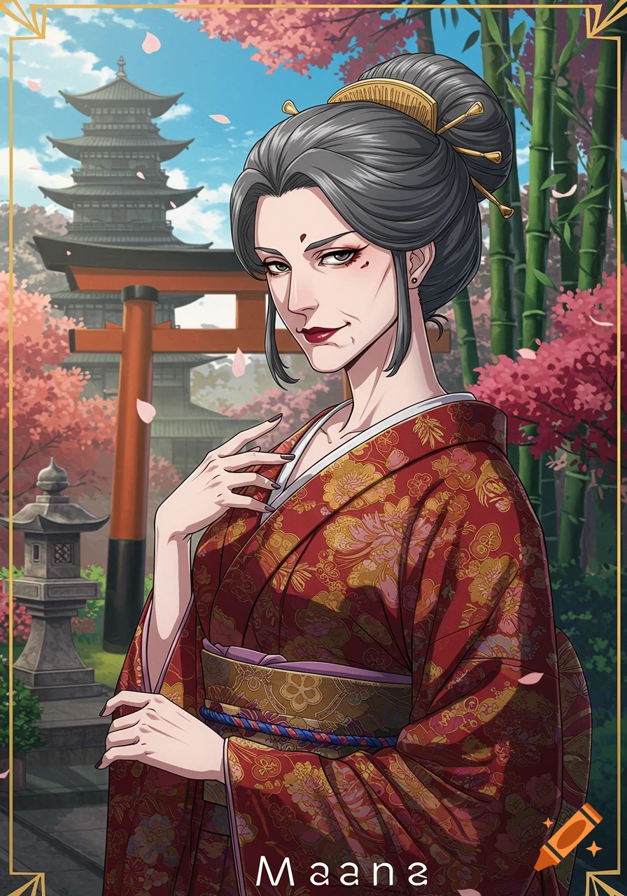 Anime style portrait of a woman in a red kimono before a temple, torii gate, cherry blossoms, and bamboo.