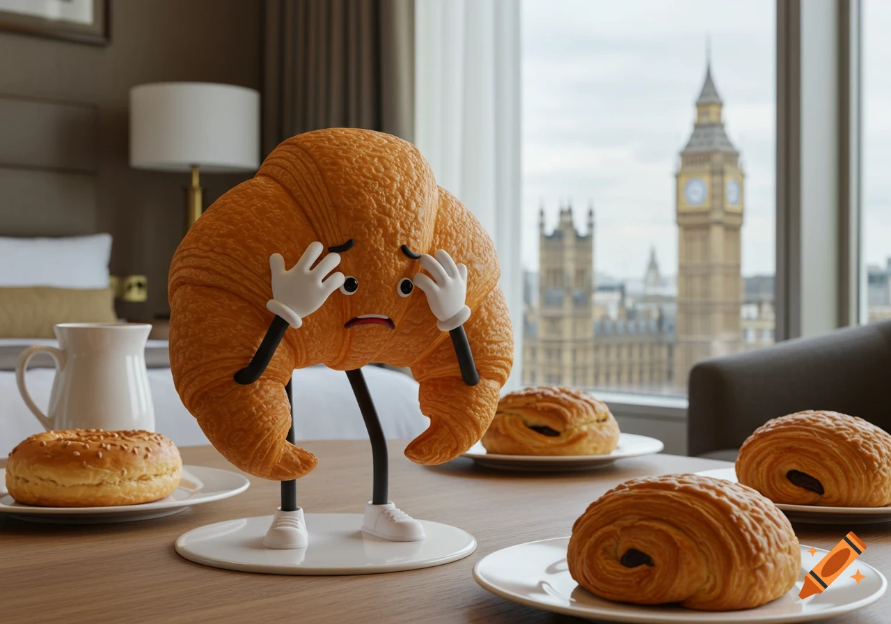 Cartoon croissant character looks embarrassed on table in London hotel room with pastries and Big Ben view.