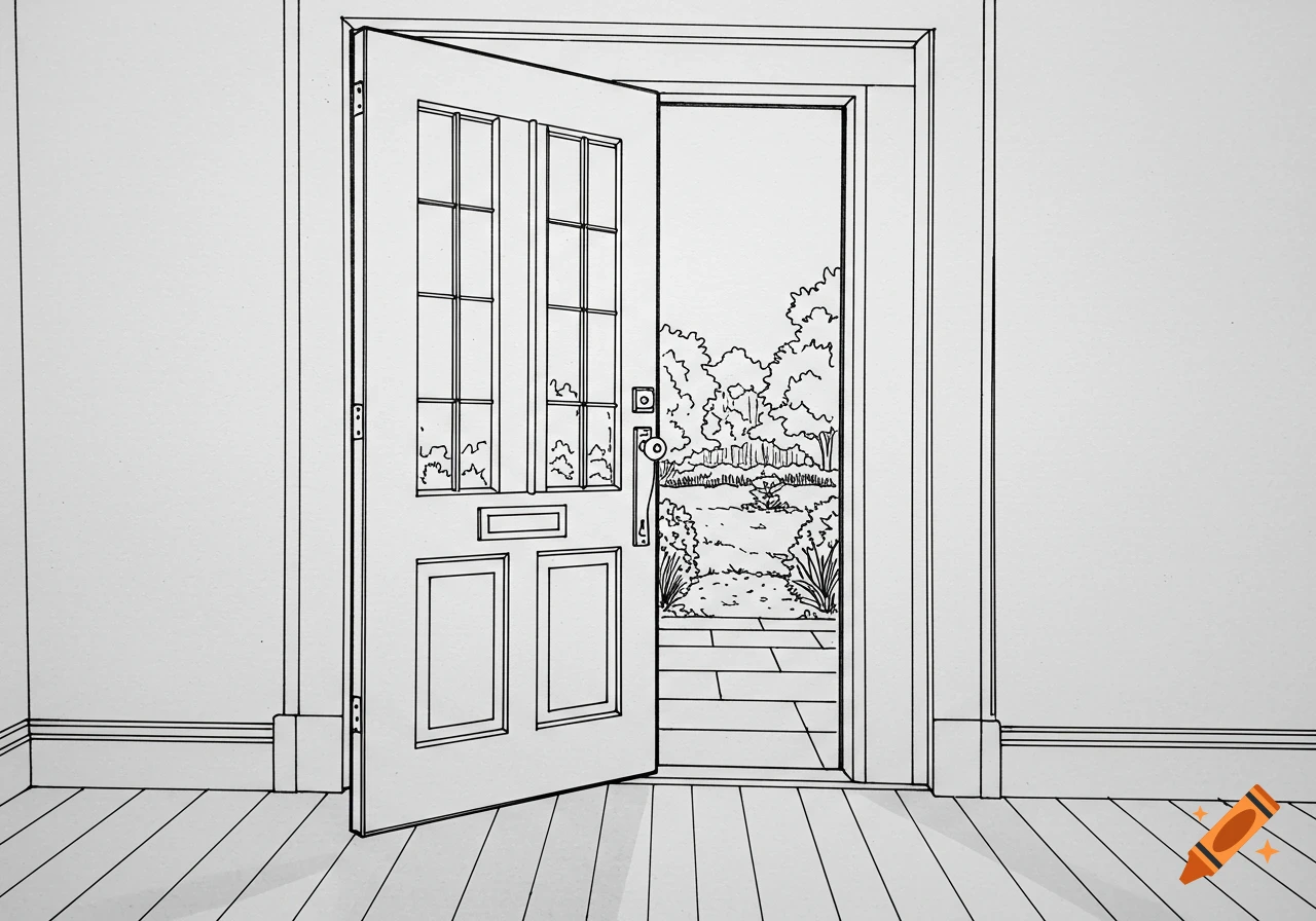 Black and white line art of an open door looking out onto a garden path.