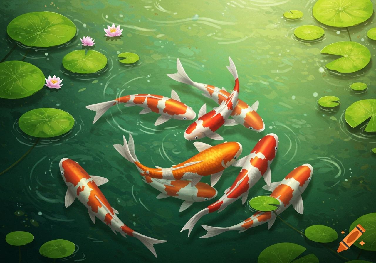 Koi fish swimming in a pond with lily pads, illustration