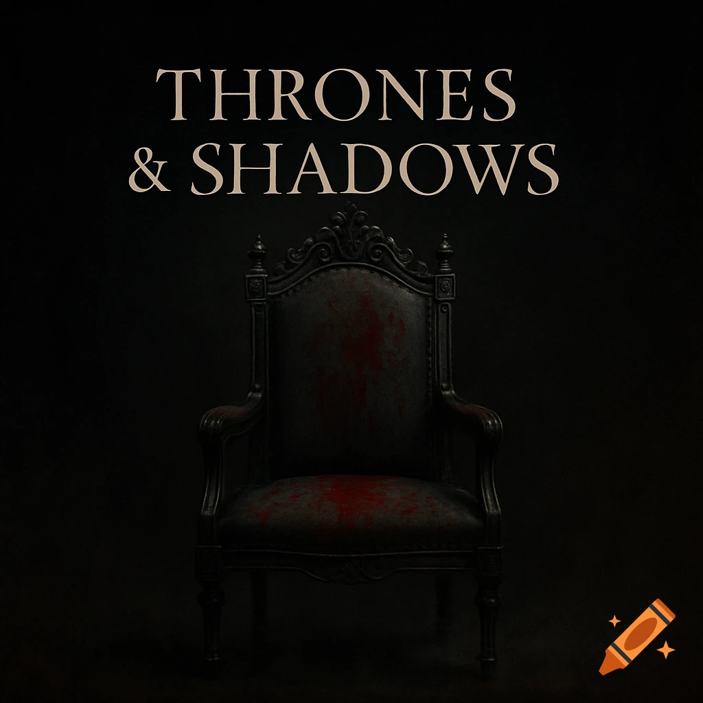 A dark, moody image of a black throne chair stained with blood under the title 'THRONES & SHADOWS'