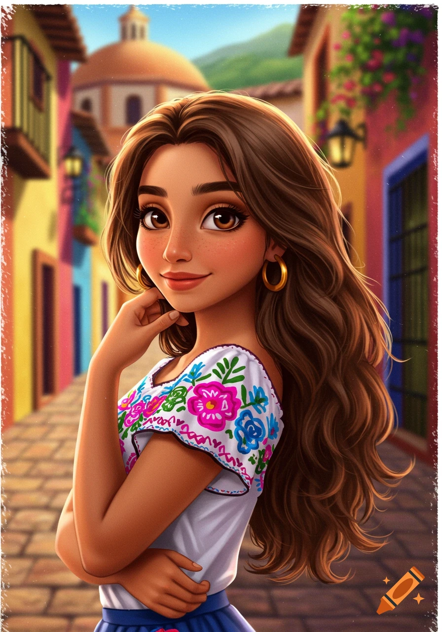 Cartoon portrait of a girl with long brown hair in a colorful embroidered shirt on a street.