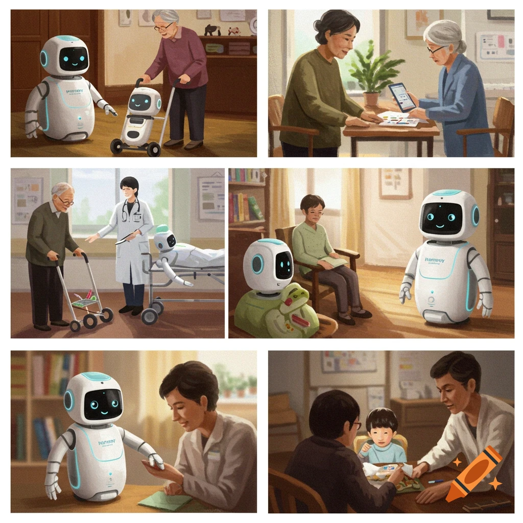 Collage panels show a robot assisting people: elderly person with walker, doctor with patient, woman with tablet, boy with toy robot, robot interacting with doctor and child.
