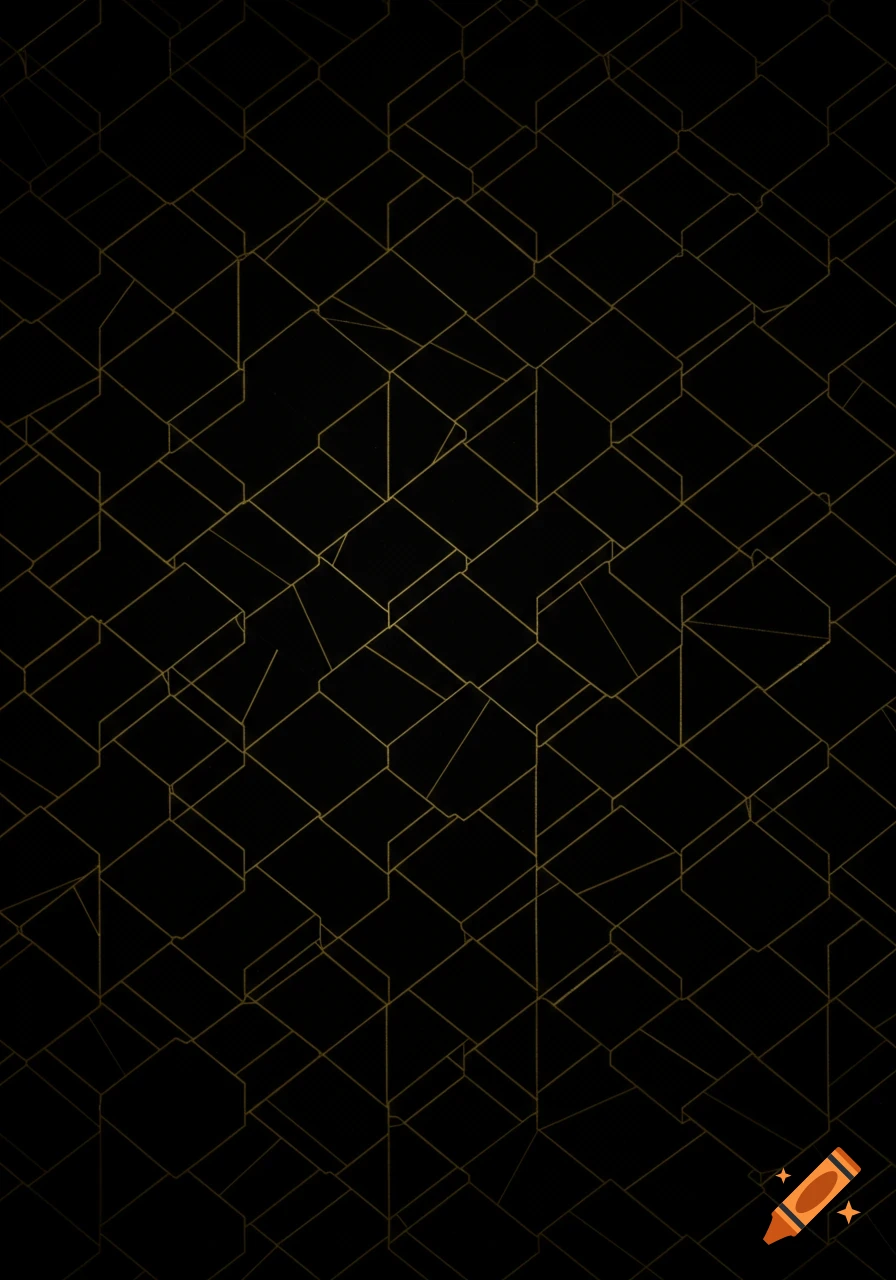 A black background with a repeating geometric pattern of golden lines.