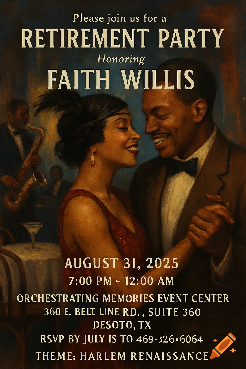 Painting of a couple dancing at a Harlem Renaissance themed party invitation, with event details and text.