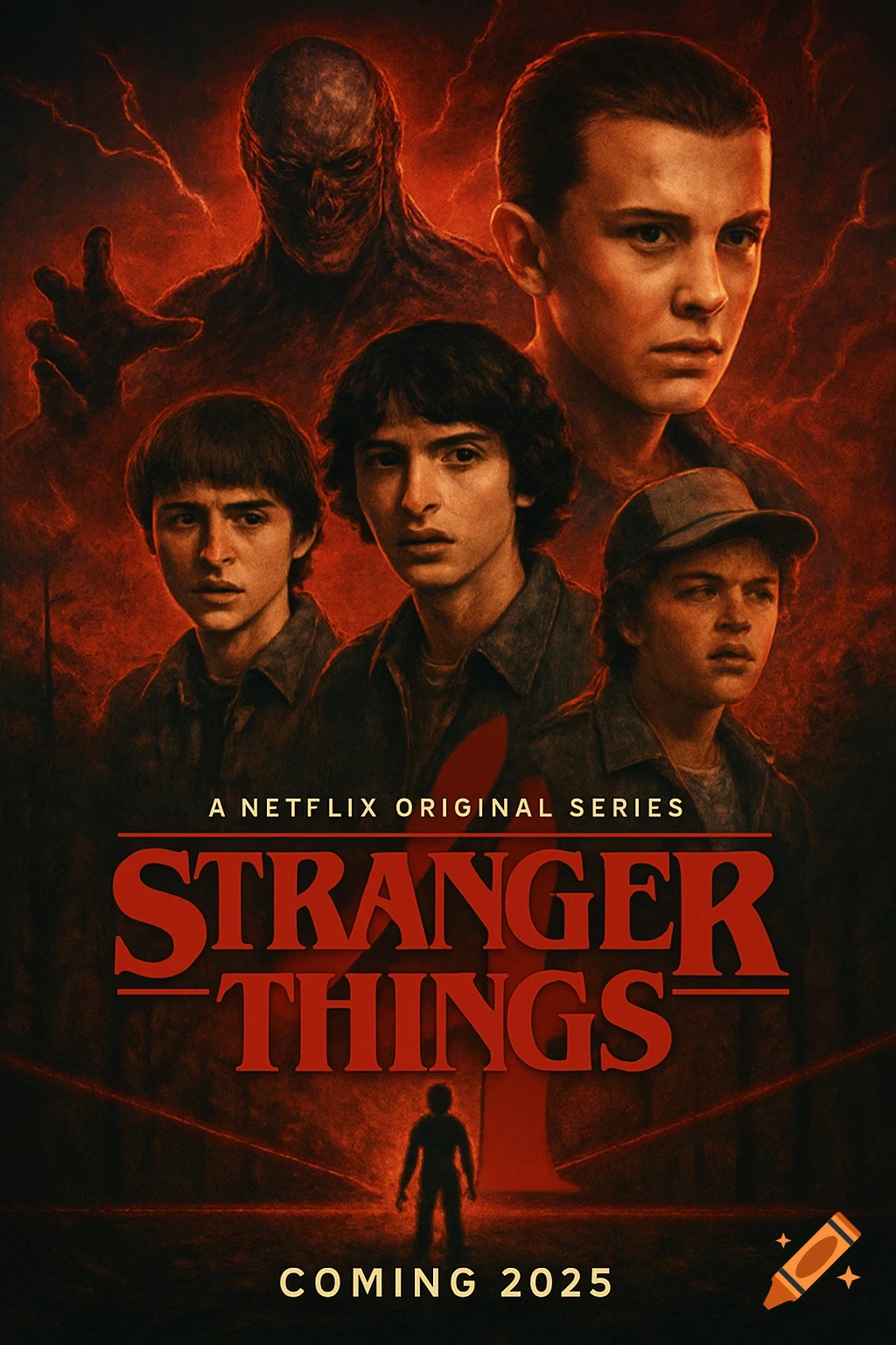 Poster for Stranger Things featuring the main cast and Vecna.