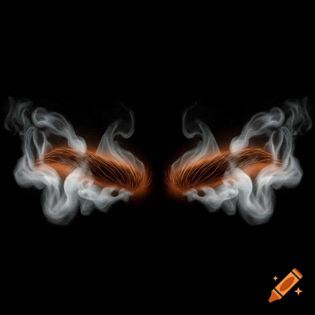 Two symmetrical, glowing orange shapes resembling eyebrows or eyes, surrounded by white smoke on a black background.