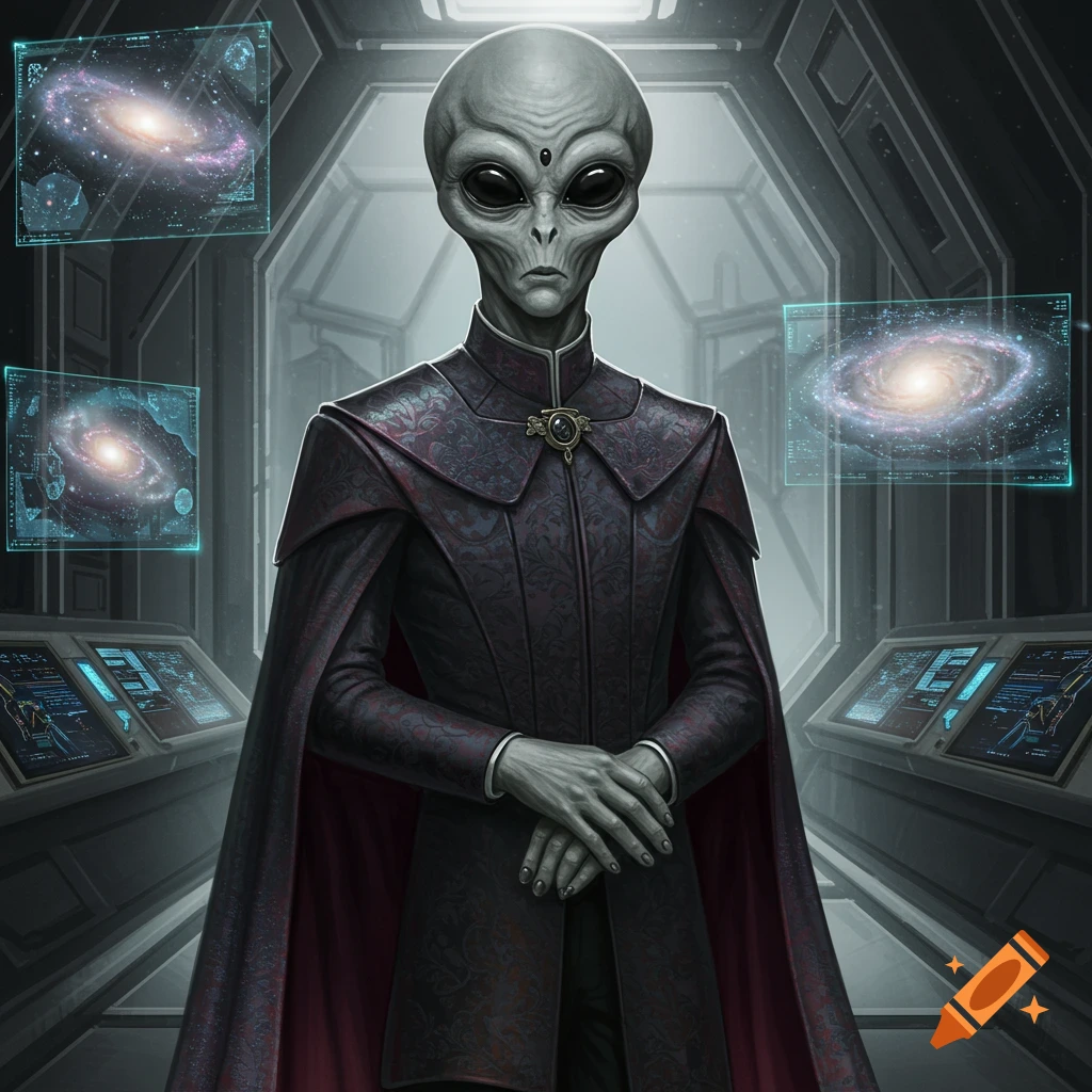 A formally dressed alien stands on a spaceship bridge with screens displaying galaxies.