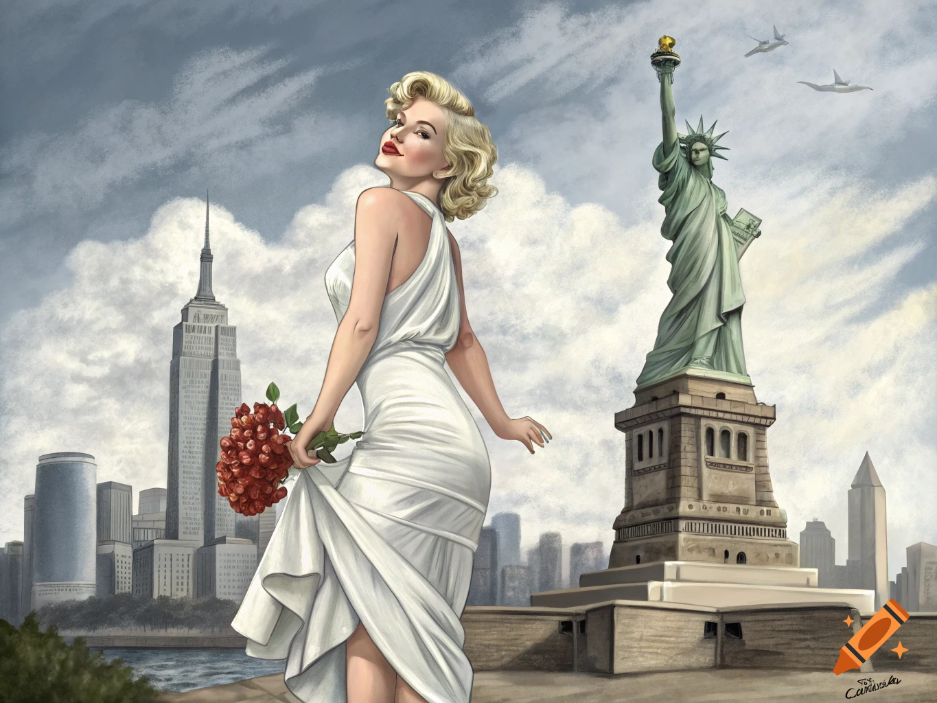 Illustration of Marilyn Monroe in white dress holding flowers near Statue of Liberty with New York skyline.