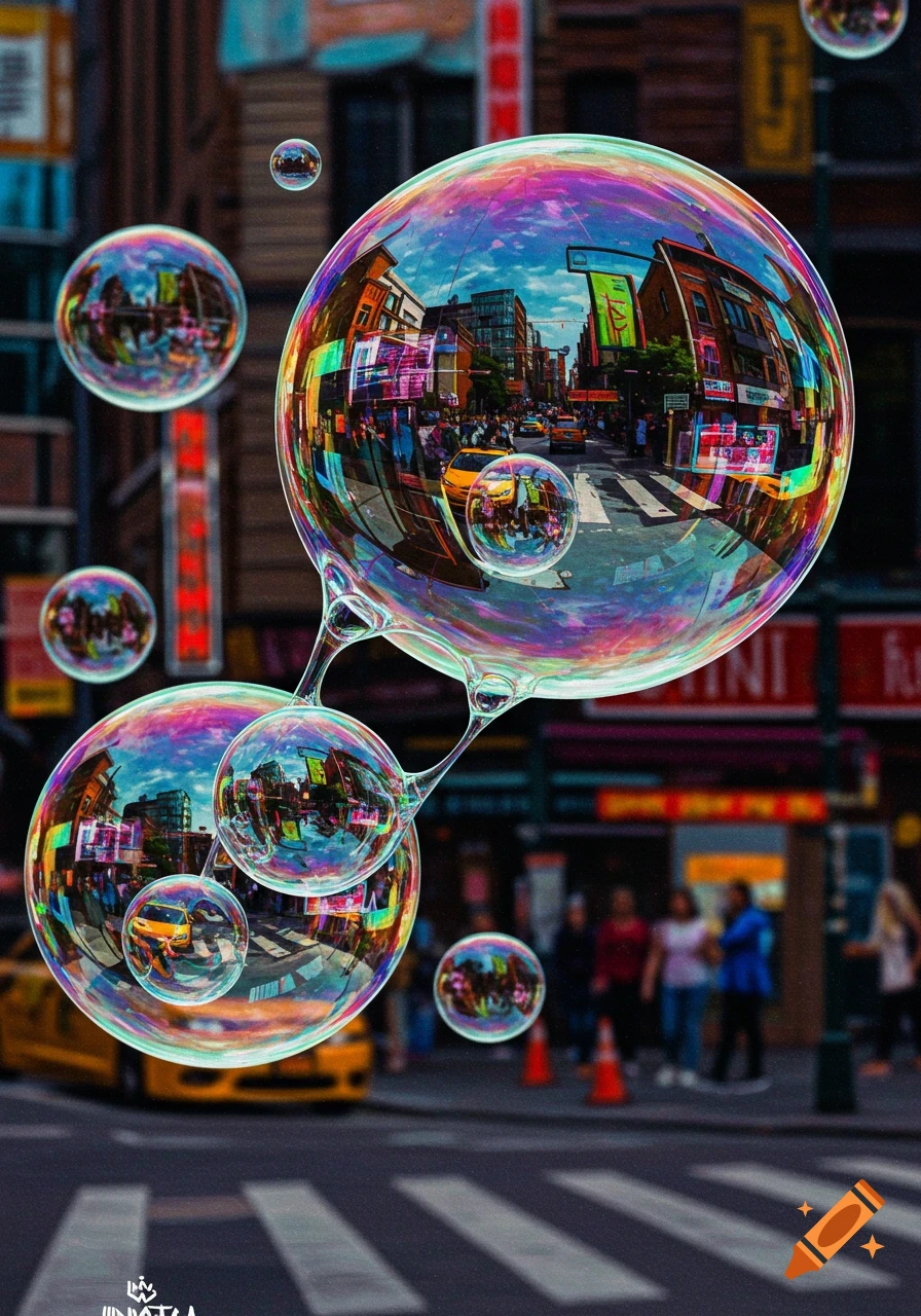 Large, iridescent bubbles float above a street reflecting a busy city scene with taxis and people.