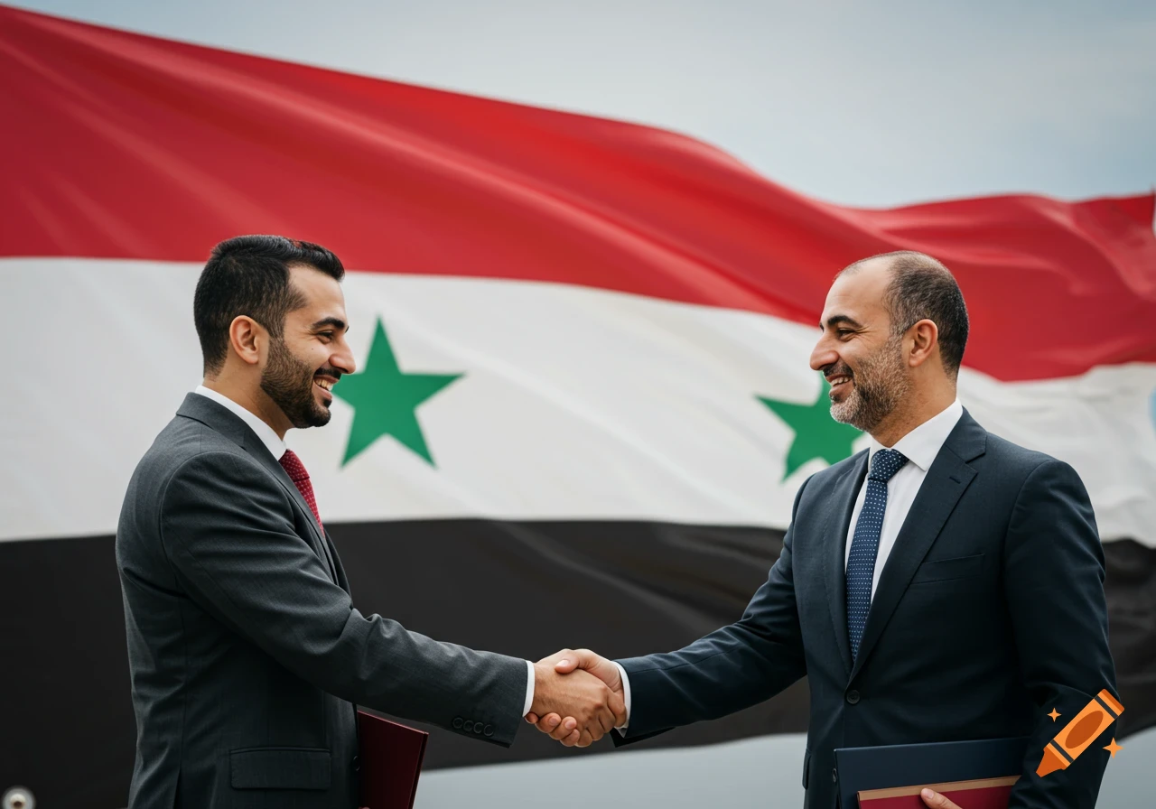 Two men in suits shaking hands in front of the Syrian flag.
