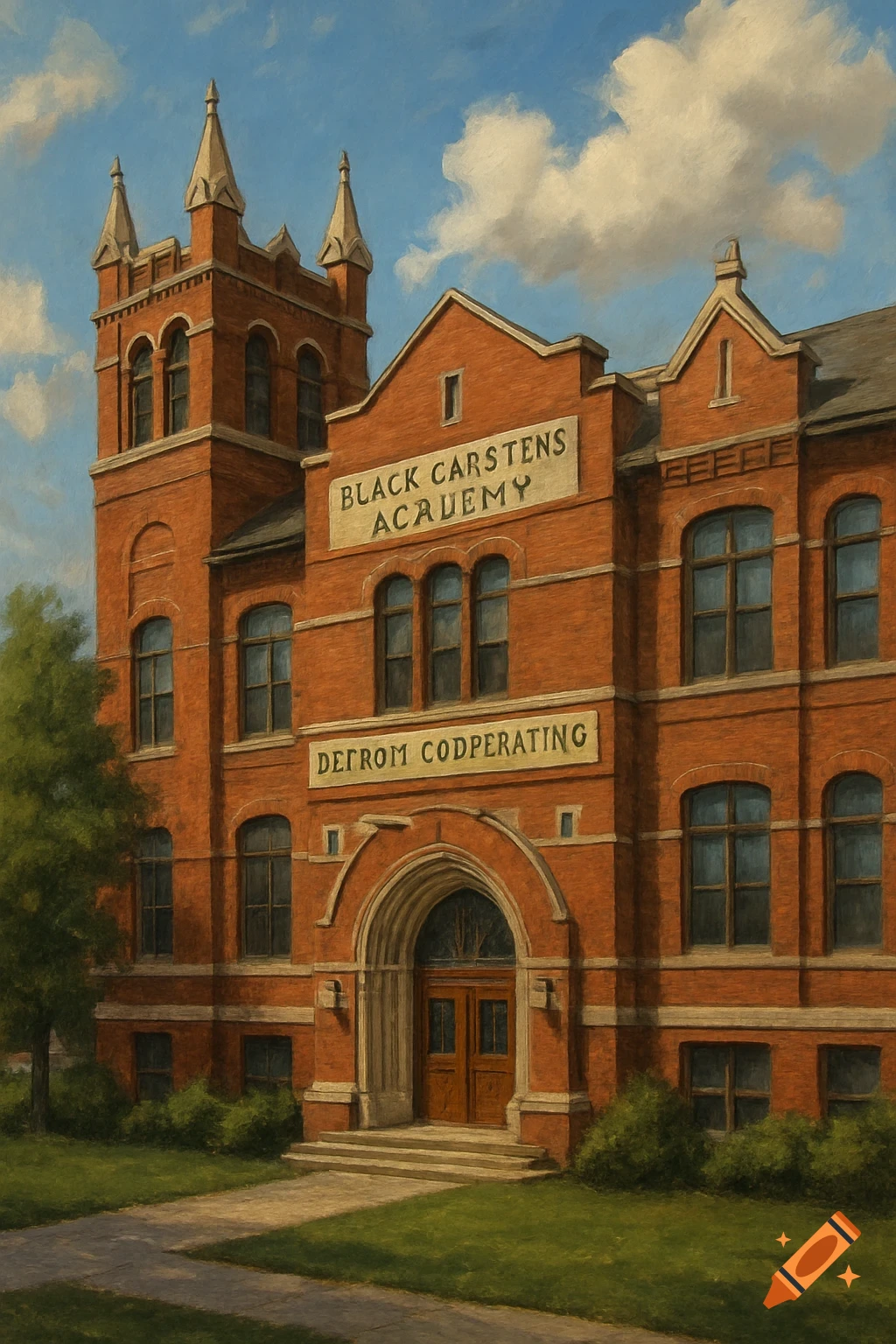 Painting of a historic red brick building with signs, trees, and grass.