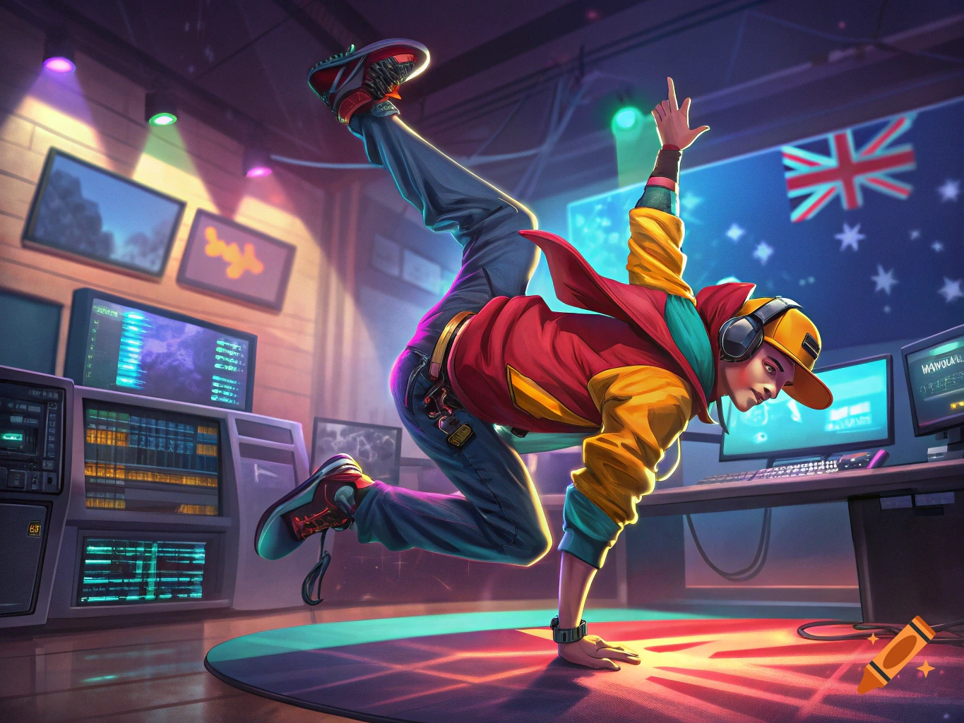 A breakdancer performs a dynamic pose in a colorful music studio with monitors and equipment.