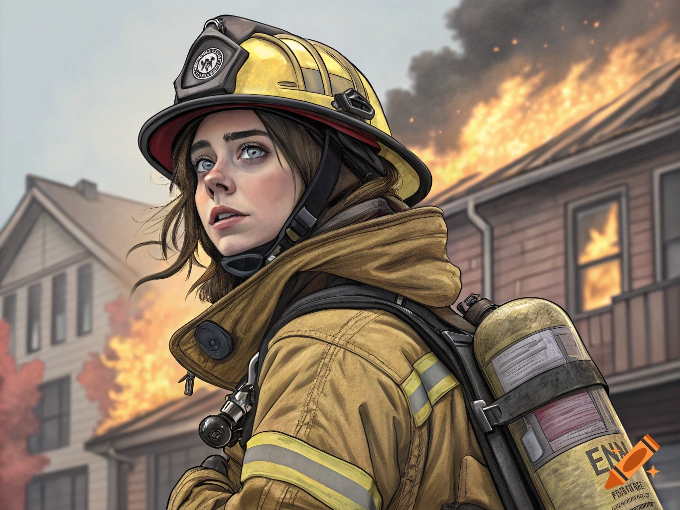 A person in firefighter gear looks up with a burning building behind them.