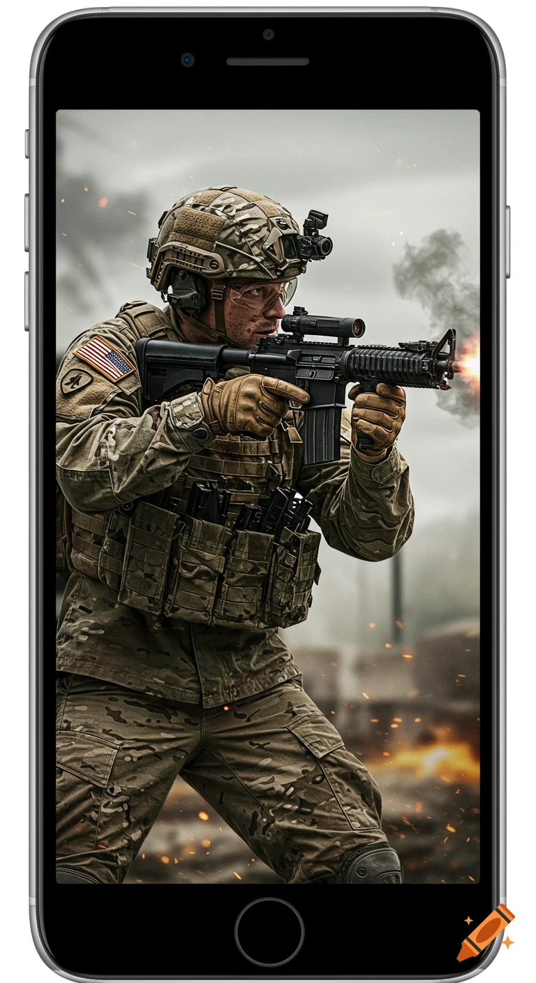 Photorealistic image of a US soldier firing an assault rifle in a combat zone, displayed on a phone screen.