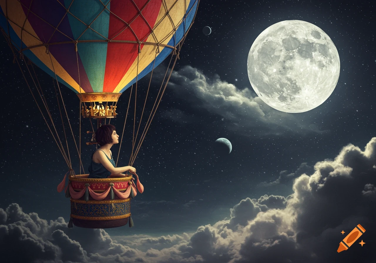 A woman in a hot air balloon floats towards the large moon in a starry night sky with clouds.