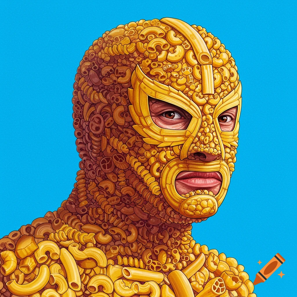 A portrait of a luchador made entirely of various types of pasta against a blue background.