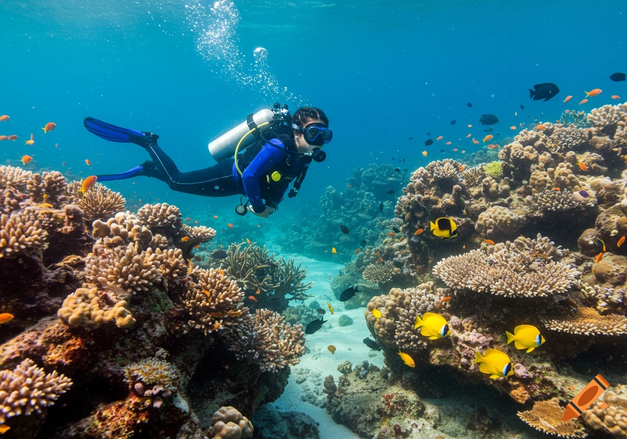 A person scuba diving near a vibrant coral reef with colorful fish.