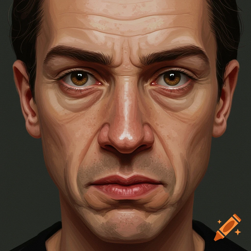 Stylized close-up portrait of a man's grim, wrinkled face with close-set eyes.