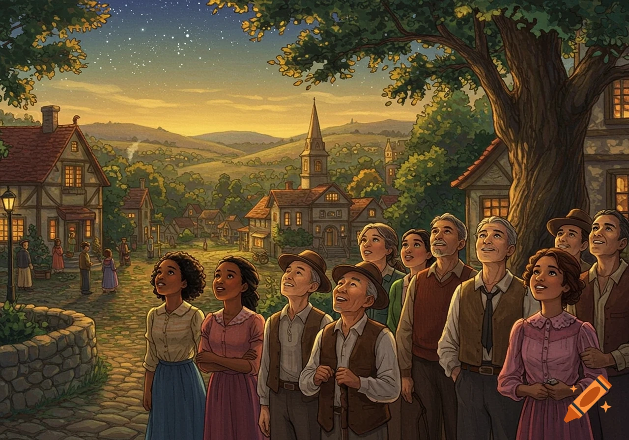 Diverse people in a village look up at the starry sky at dusk in an illustration style.