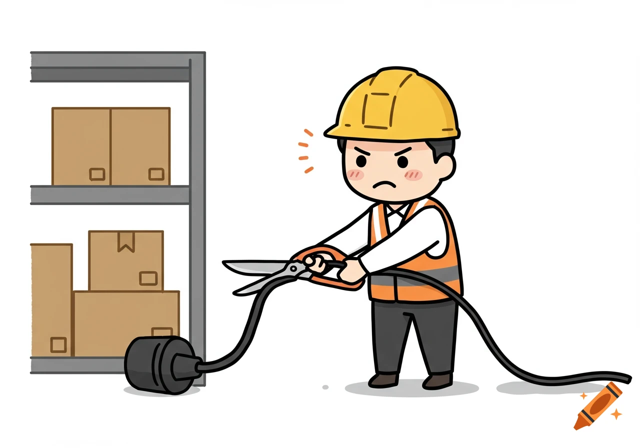 A cartoon worker in a hard hat and safety vest cuts a thick black cable with scissors in a warehouse next to shelves and boxes.