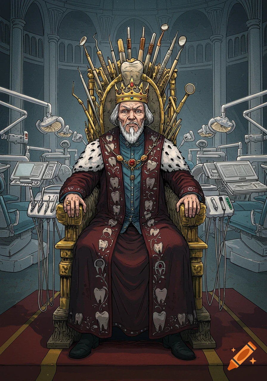 Illustration of a king sitting on a throne made of dental tools in a dental office, wearing a robe decorated with teeth.