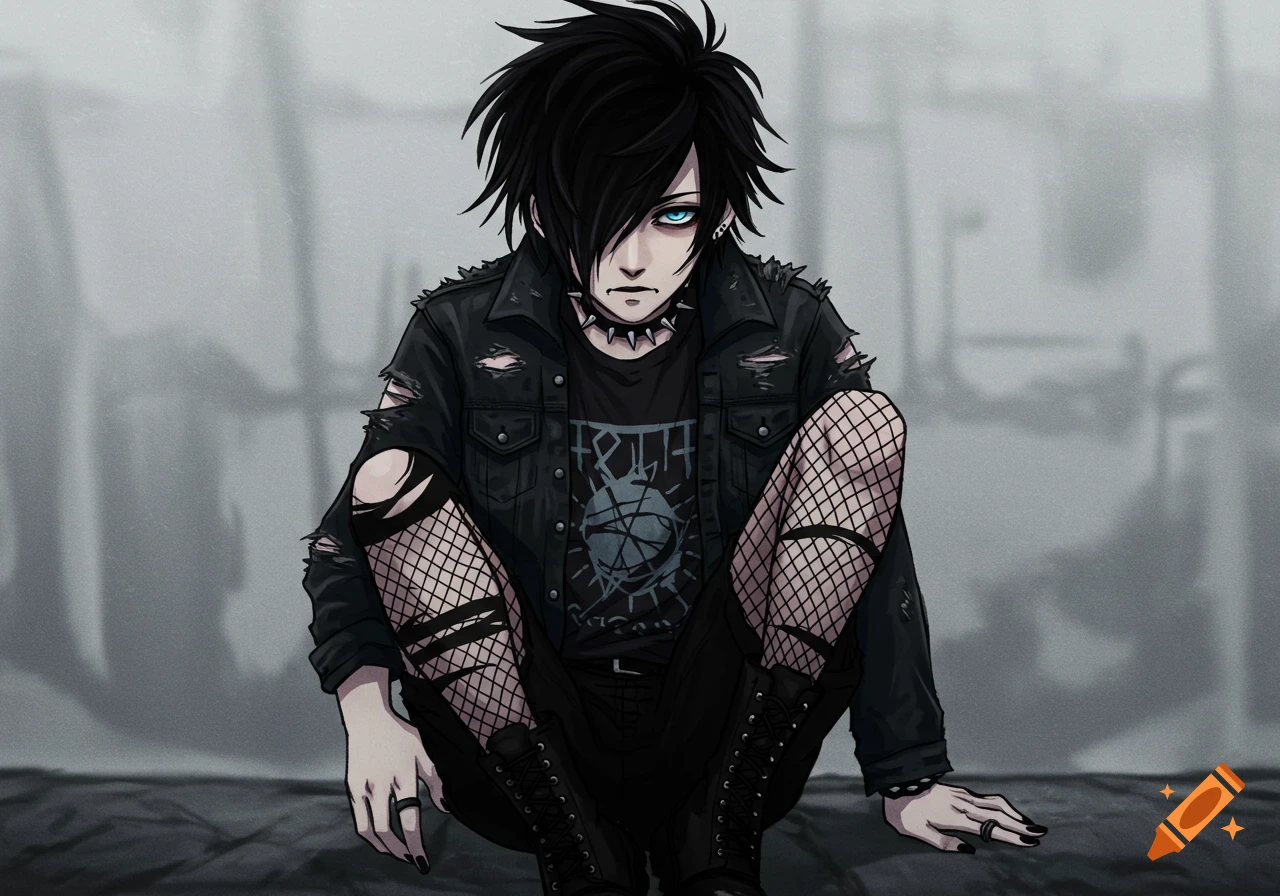 Anime character with black emo hair, blue eyes, black ripped jacket, fishnet stockings, and boots, squatting.