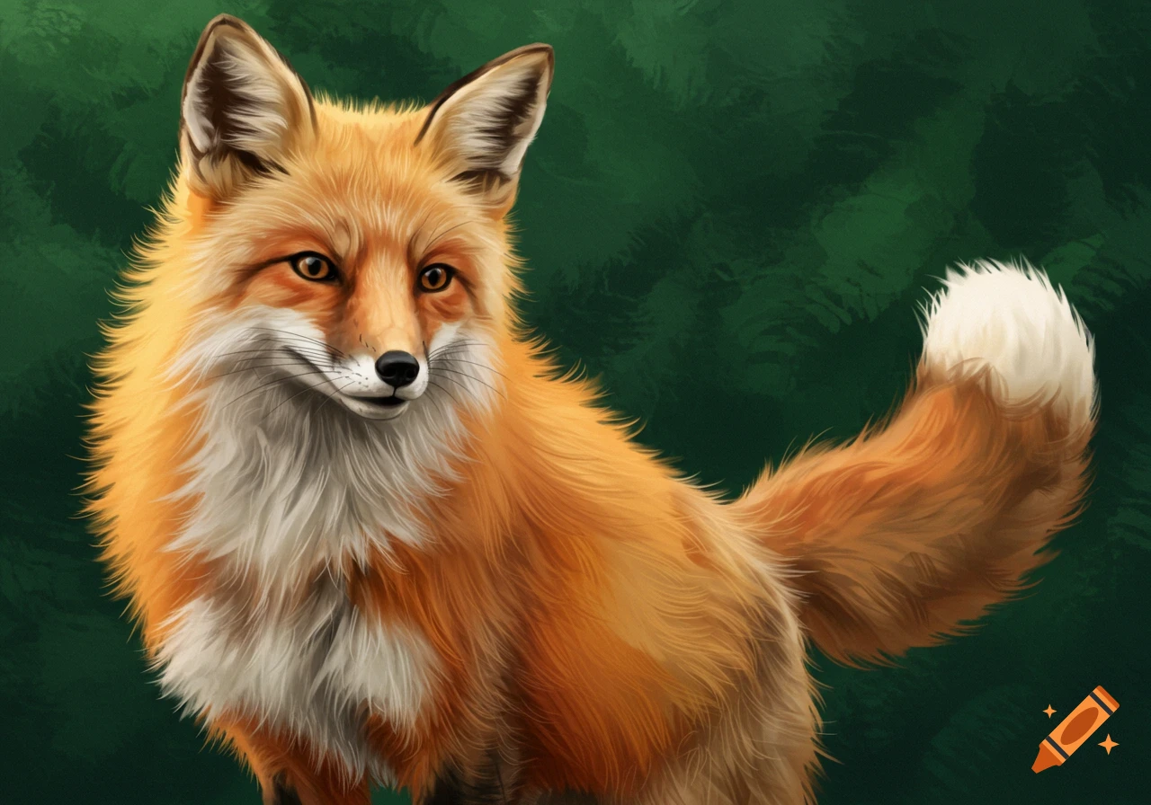 A digital painting of a red fox portrait against a green background.