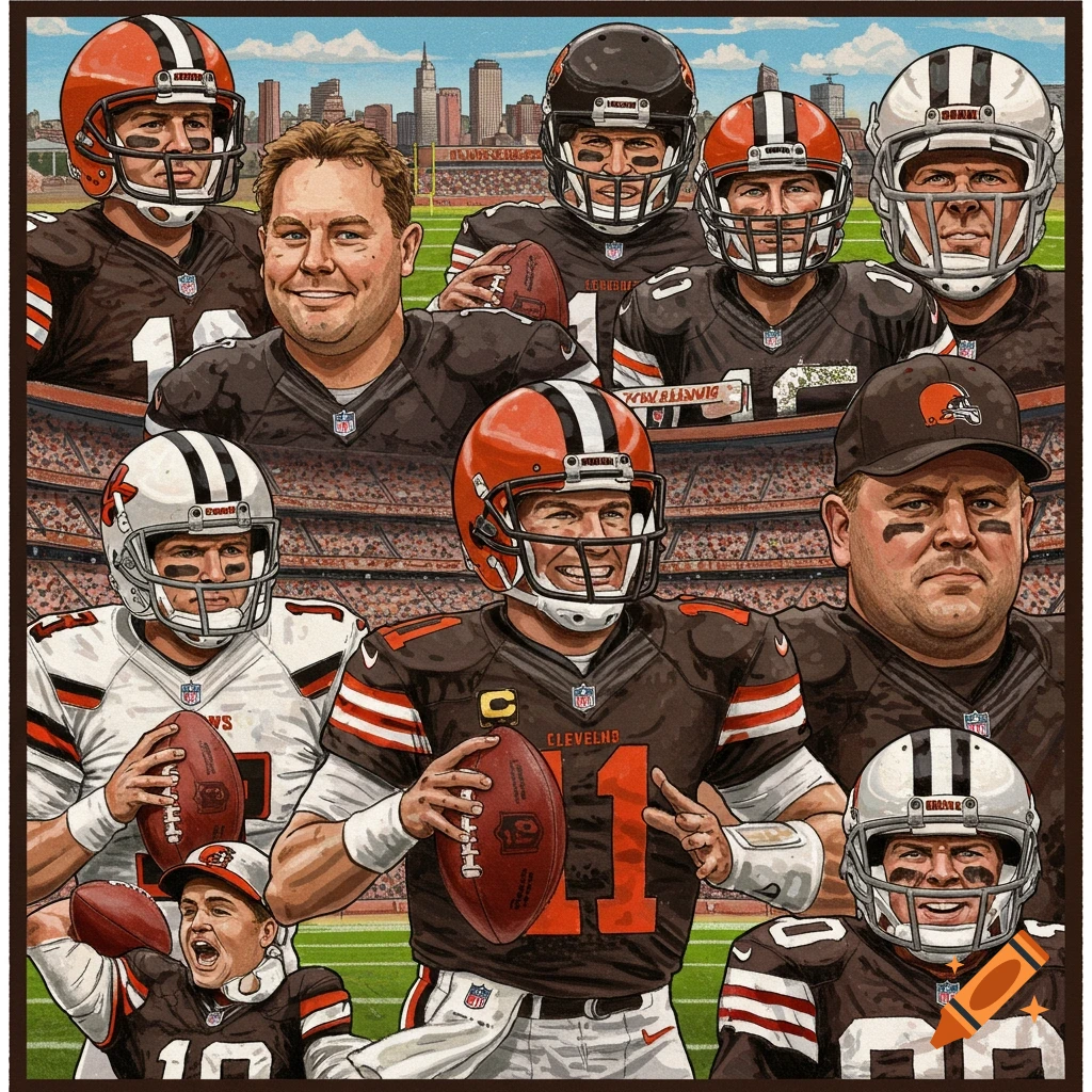 Stylized illustration of multiple American football players in brown and white uniforms in a stadium.