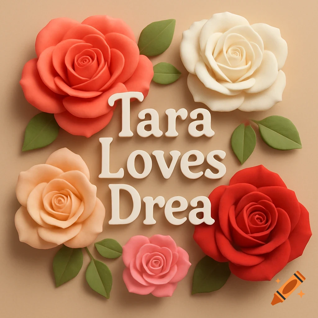 3D roses in different colors with the text 'Tara Loves Drea' in the center.
