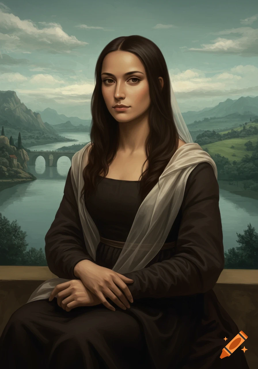 Renaissance style portrait of a woman with dark hair and white veil, against a landscape background.