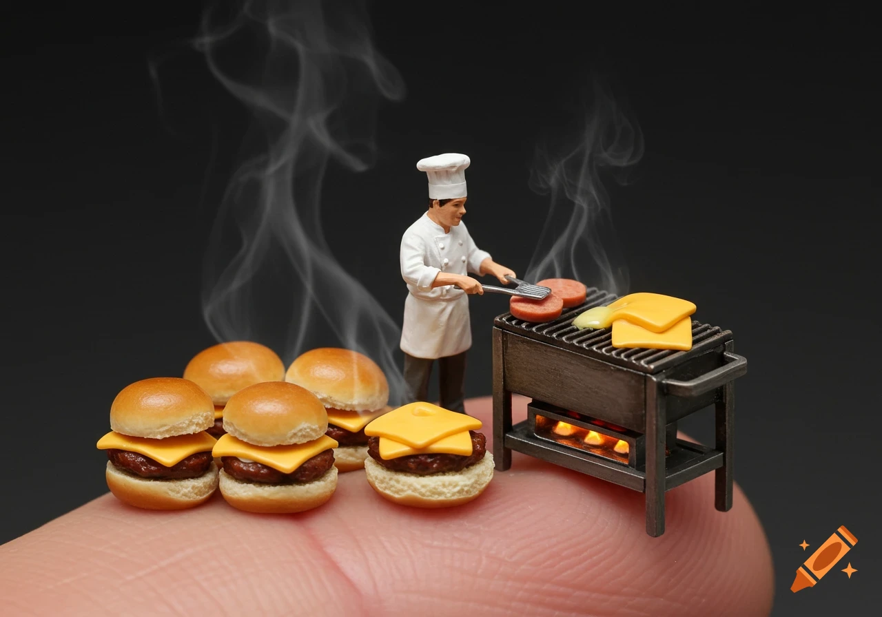 A tiny chef grills mini burgers and cheese on a small grill resting on a fingertip.