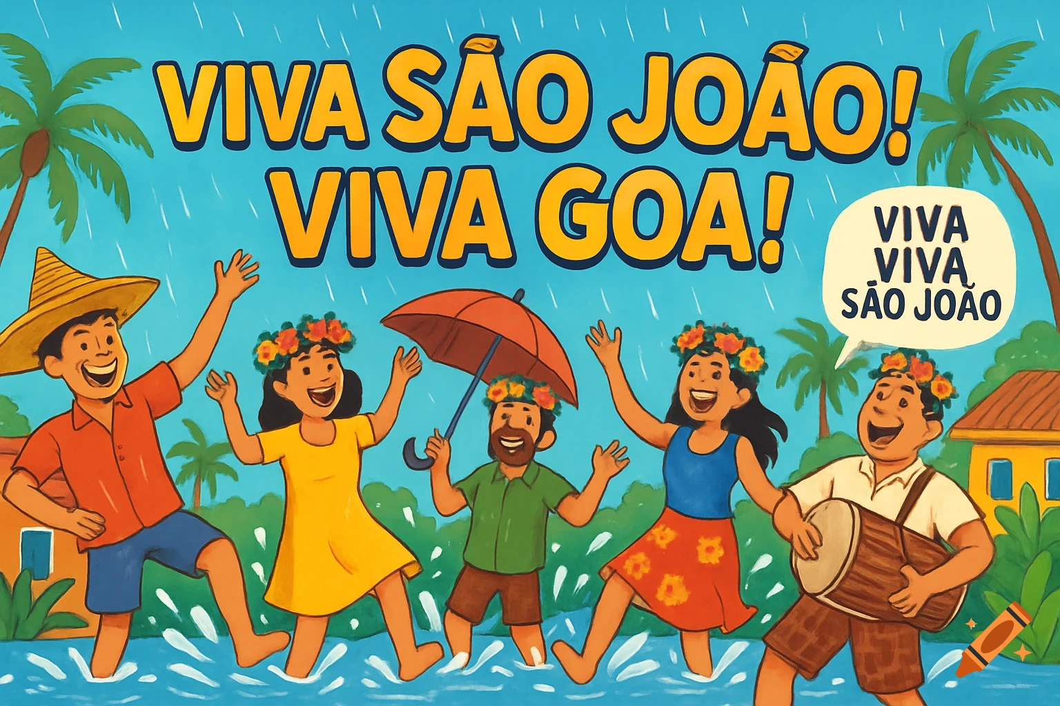 Cartoon illustration of people celebrating the Sao Joao festival in Goa in the rain, with text.