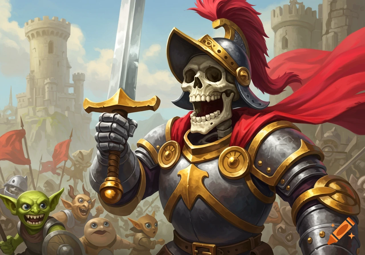 A skeleton knight in armor holds a sword, leading fantasy creatures like goblins into battle before a castle.
