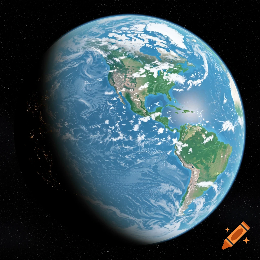 View of Earth from space showing continents, clouds, and city lights.