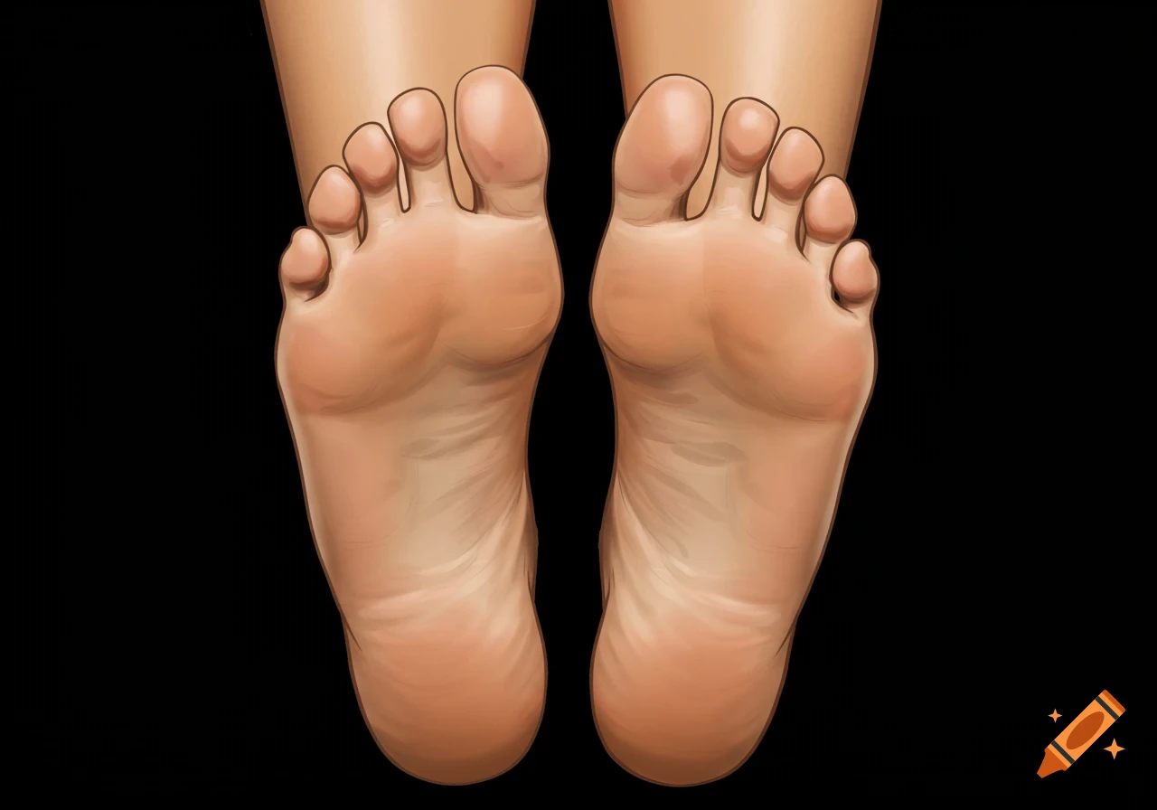 Illustration of two human feet soles against a black background.